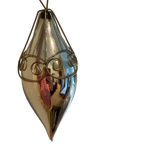 Vintage Silver Blown Glass Teardrop Christmas Ornament Wire Cage Mercury Finish - Picture 6 of 16